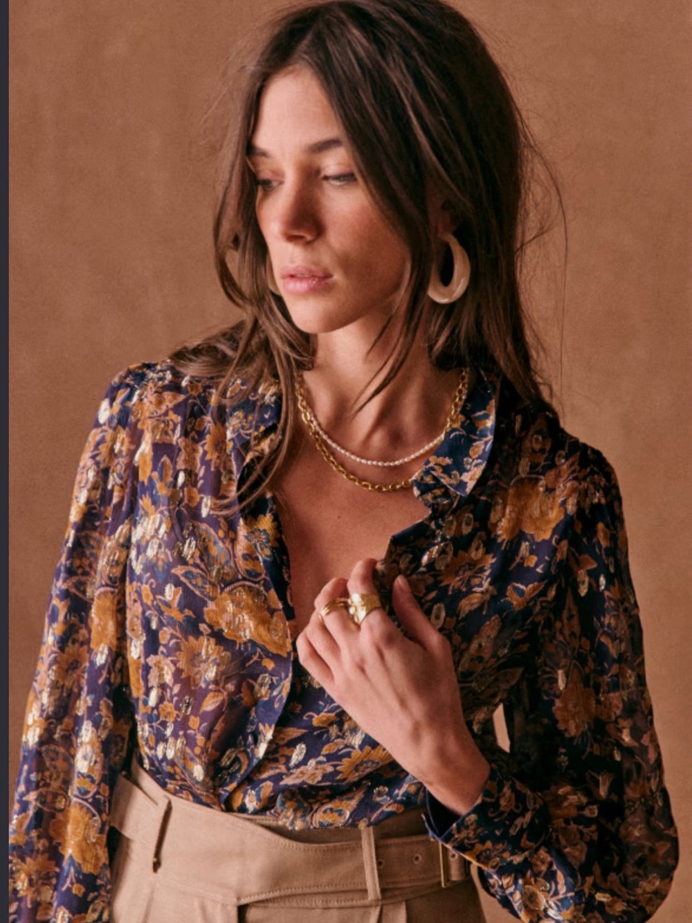 Sezane silk Floral Satin Button-Front Blouse in Navy and Mustard
